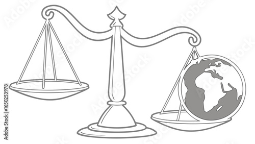 Scales of justice balancing the world, representing global fairness and law