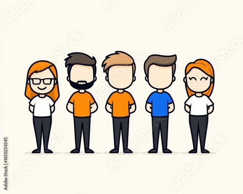 Five cartoon-style figures stand together, some with hair and beard details, wearing various shirts