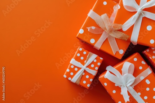 wrapped gifts in orange and white on orange background.