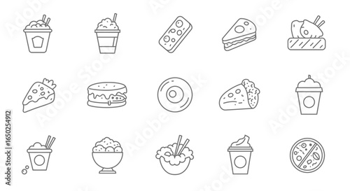 Line art illustration of various fast food items like burgers, pizza, and drinks, offering a clean and minimalist aesthetic for menus or designs.