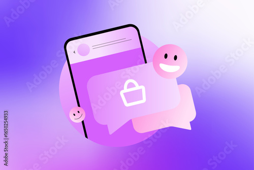 Social commerce concept - mobile phone with chat message and shopping bag icon, symbolizing online shopping, digital marketing and social selling customer engagement. Modern vector illustration