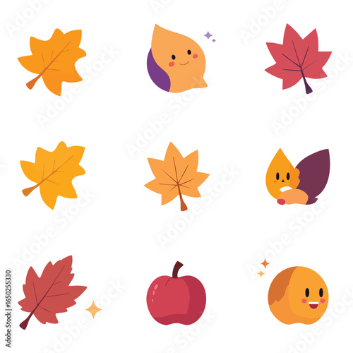 Cartoon style illustration featuring colorful autumn leaves and a red apple, creating a playful and inviting feel Perfect for seasonal designs and educational material.