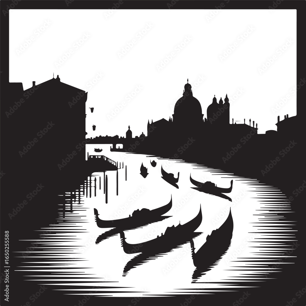 Fototapeta premium Venetian gondolas glide past historic cityscape silhouettes
