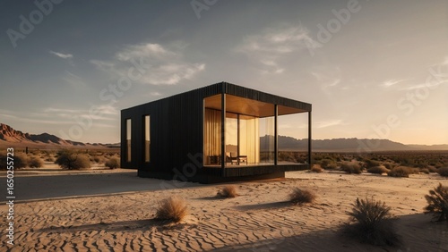 Minimalist black cabin with large glass windows in a vast, arid desert landscape at sunset