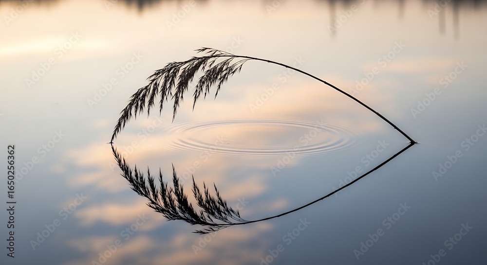 Obraz premium Graceful Reed Stem Creating Ripples on Serene Water with Sky Reflection at Dawn