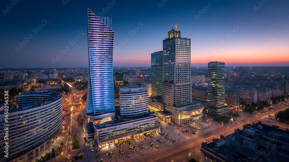 Fototapeta premium Aerial view of modern metropolis skyline with glowing skyscrapers during blue hour, showcasing urban development concept.