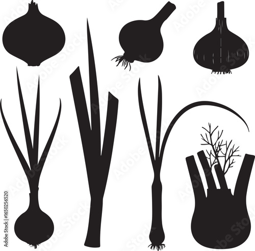 Black silhouettes of onions leeks and fennel garlic