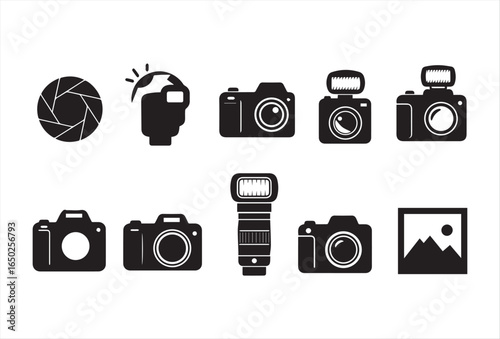 Camera icon set in black silhouette style on white background. Collection of photography symbols including DSLR, compact camera, flash, aperture, and photo frame. Simple flat vector design for logo, a