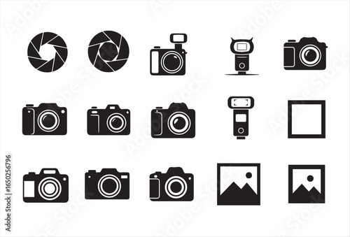 Camera icon set in black silhouette style on white background. Collection of photography symbols including DSLR, compact camera, flash, aperture, and photo frame. Simple flat vector design for logo, a