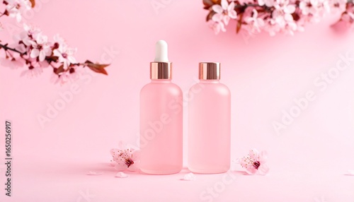 Pink skincare bottles with cherry blossoms, elegant beauty product display.