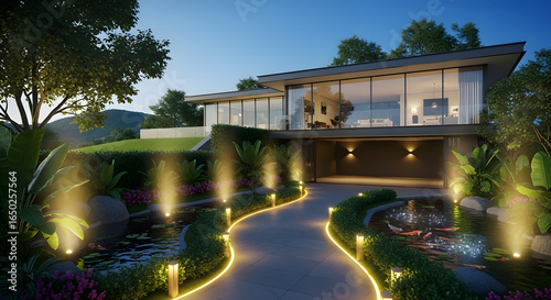 Wallpaper Mural Modern Home with Glowing Pathway and Lush Garden at Dusk Torontodigital.ca