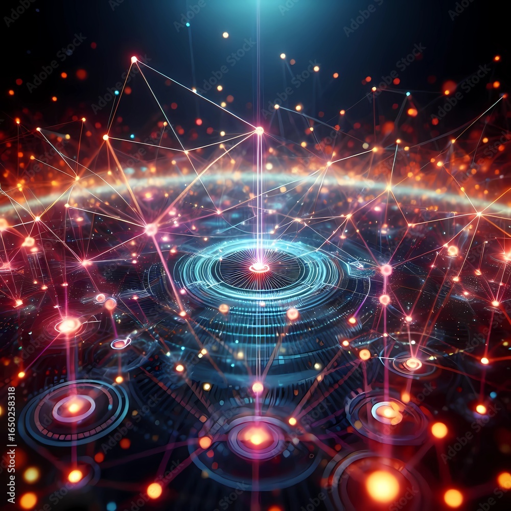 Obraz premium Glowing Network Graph with Particle Nodes