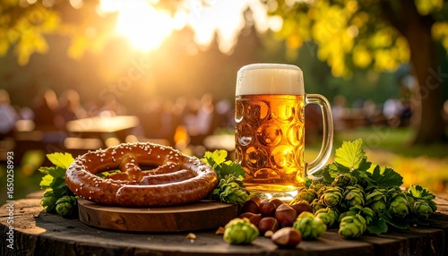 Oktoberfest: Golden hour illuminates a Bavarian beer garden scene, featuring a beer stein, pretzel, and hops.