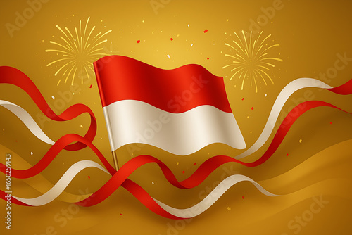 flag indonesia illustration of a red ribbon for design event , happy expression and etc. gold background celebration concept