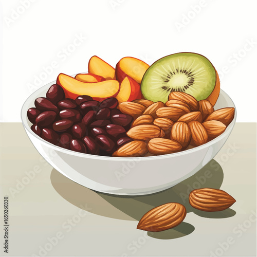 a healthy snack bowl with nuts and fruit