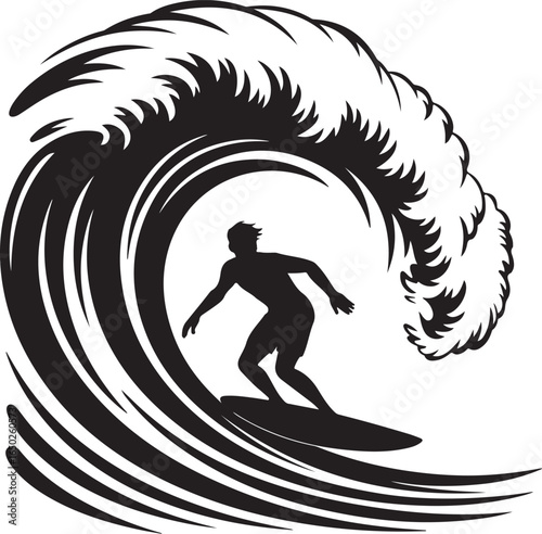 Dynamic surfer rides massive ocean wave in silhouette