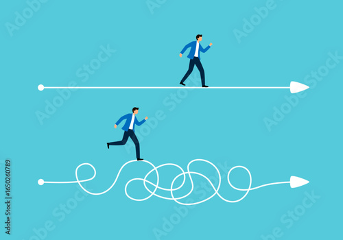 Easy or shortcut way to win business success or hard path and obstacle concept, easy vs difficult, competing in business, smart businessman running on straight easy way and other on hard messy path