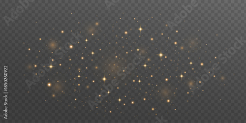 Magical golden dust with glowing bright particles and sparkling stars on transparent background. Stardust effect. Festive glitter lights for holiday or fantasy design. Vector illustration.