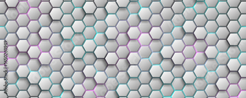 Futuristic 3D white hexagon background with blue and purple neon highlights. Hi-tech design for technology presentation, digital gaming interfaces or scientific concept. Vector illustration.