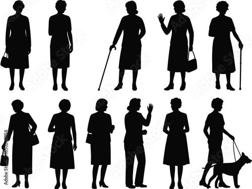 Silhouettes of adults standing and walking, various poses with accessories, handbags, canes, dog leash, lifestyle scene, human posture, design reference