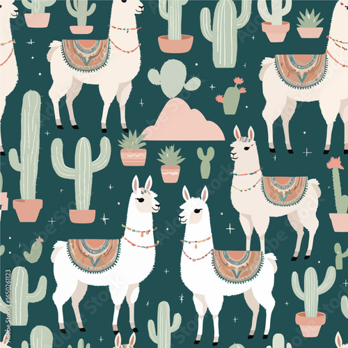 A whimsical pattern of festive llamas and potted cacti creates a charming desert scene on a deep teal background.