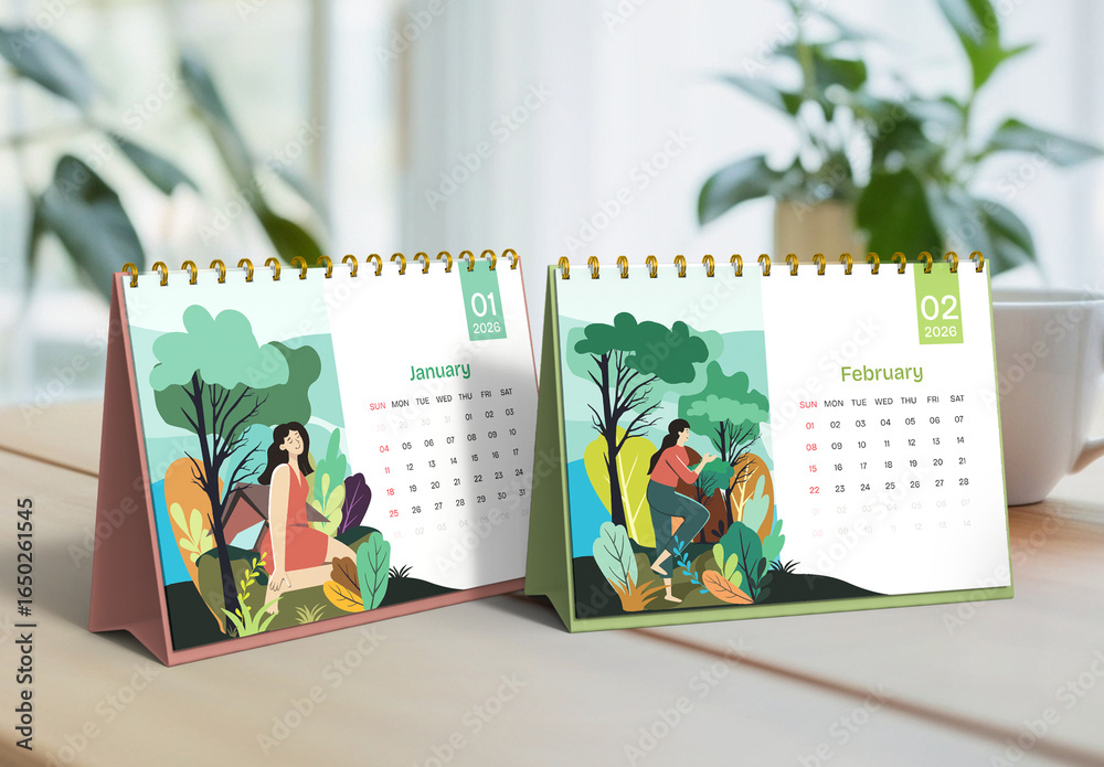 Minimal and Clean Desk Calendar 2026 with Scenic Nature Illustration ...
