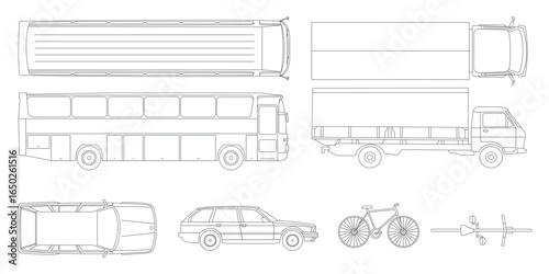 CAD Drawings. Set of silhouette and outline vector car, bike, truck vehicles. Top and side view. Vector illustration.	