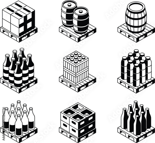 Flat vector illustration of pallets with bottles, crates, barrels, packaging, beverage containers, warehouse logistics, cargo storage, transport goods, supply chain