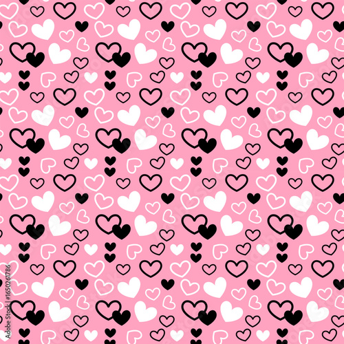 Romantic Heart Seamless Pattern With Black and White Outlines on Pink Background