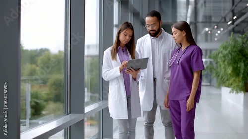 Medical Professionals Collaborating with Tablet in Modern Hospital Setting