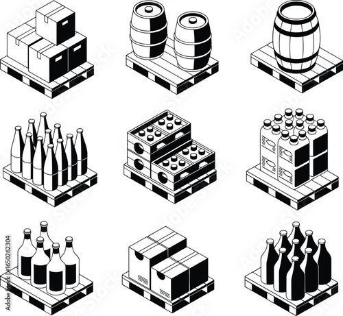 Flat vector illustration of pallets with bottles, barrels, crates, boxes, beverage packaging, warehouse storage, logistics, transport goods, industrial supply chain