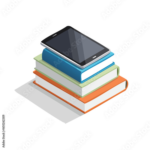 Modern flat vector illustration style of a stack of books and tablet on a desk