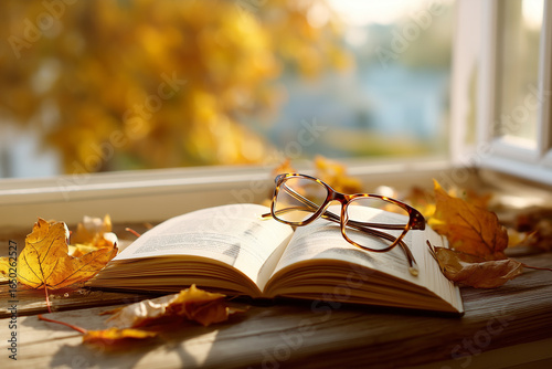 Open book with glasses on window sill in autumn light
