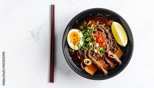 top down view of japanese soba noodle ramen soup on white background 