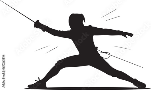 Fencer lunges forward with sword in dynamic action pose