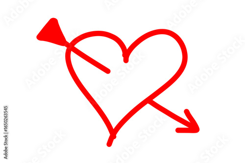 Red heart with arrow hand drawn icon. Hand drawn love shape doodle drawing. Heart symbol illustration for highlights and emphasize scribble icon isolated on transparent png 
