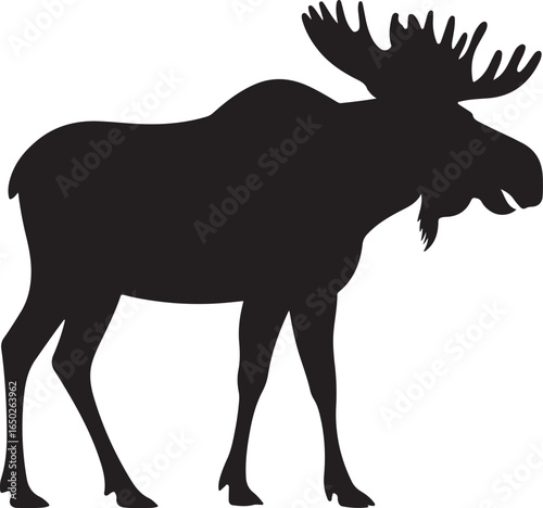 Black Silhouette of a Moose with Large Antlers Standing on White Background animal wildlife
