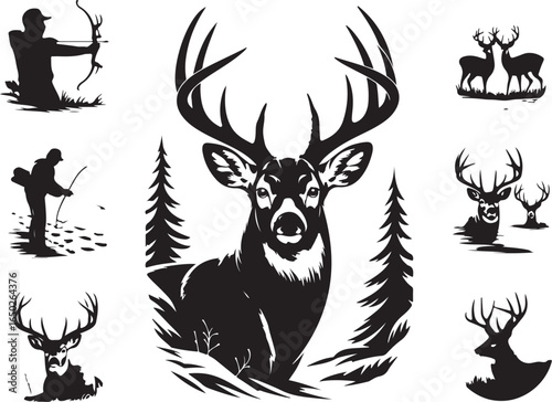 Hunter with bow and deer silhouettes in forest