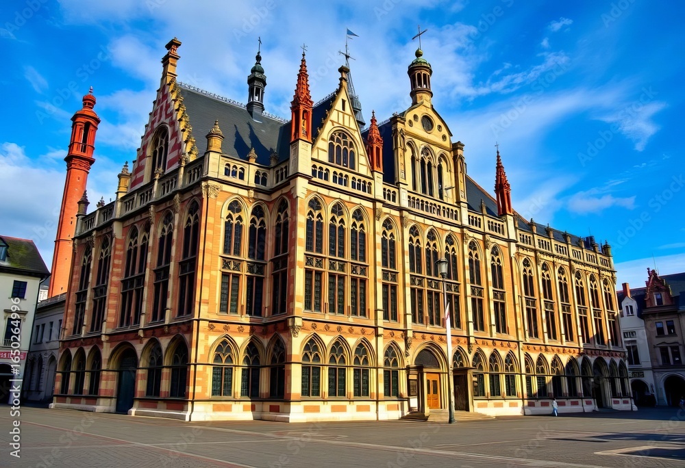 Fototapeta premium Leuven town hall, gothic architecture, central square, Belgium, obelisk, medieval