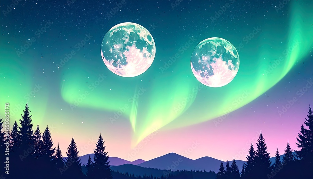 Naklejka premium Two Moons, Aurora Borealis, Mountainous Forest Landscape.