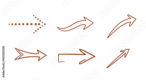 A set of six brown, hand-drawn style arrows pointing in different directions, including dotted, curved, and straight designs on a white background.