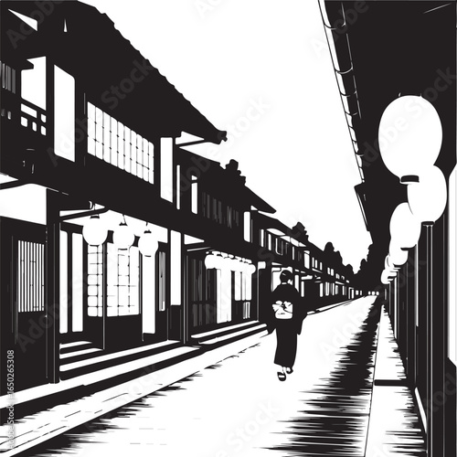 Elegant Japanese woman walks down historic street at dusk