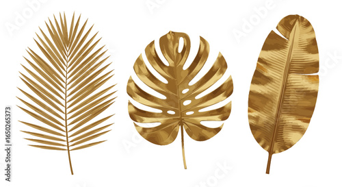 Three golden tropical leaves, including a palm, a monstera, and a banana leaf, arranged against a white background.