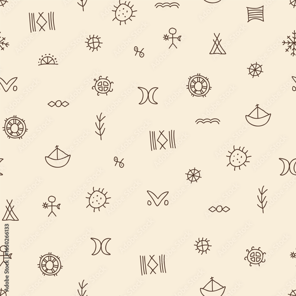 custom made wallpaper toronto digitalSeamless Sami Folk Symbol Pattern in Minimalist Brown Line Art on Beige