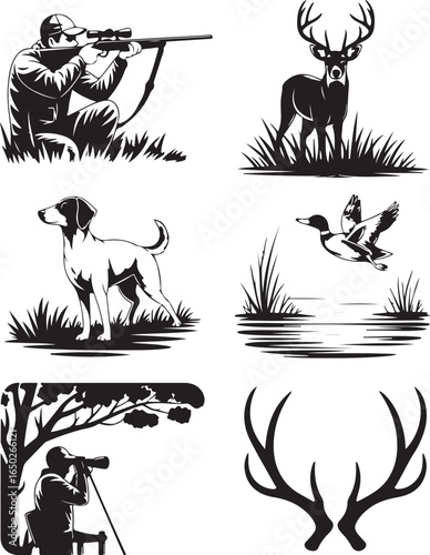 Hunter aims rifle, deer, dog, duck, binoculars, antlers