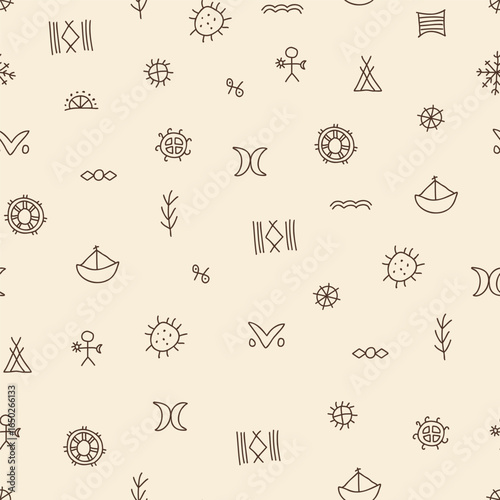 Seamless Sami Folk Symbol Pattern in Minimalist Brown Line Art on Beige