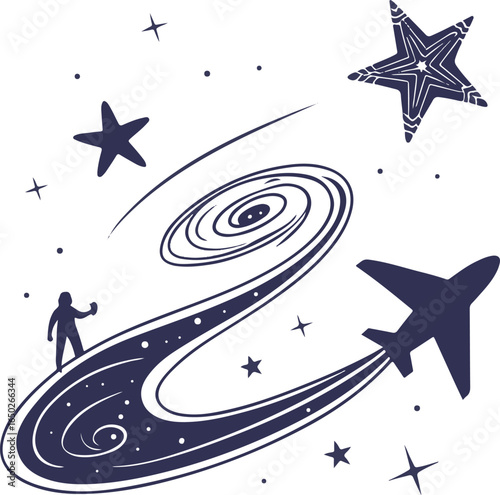 Person Exploring Swirling Galaxies and Stars - Cosmic Journey Illustration