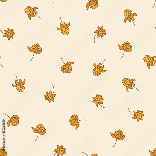 Seamless Cloudberry Pattern with Northern Arctic Berries on Beige Background