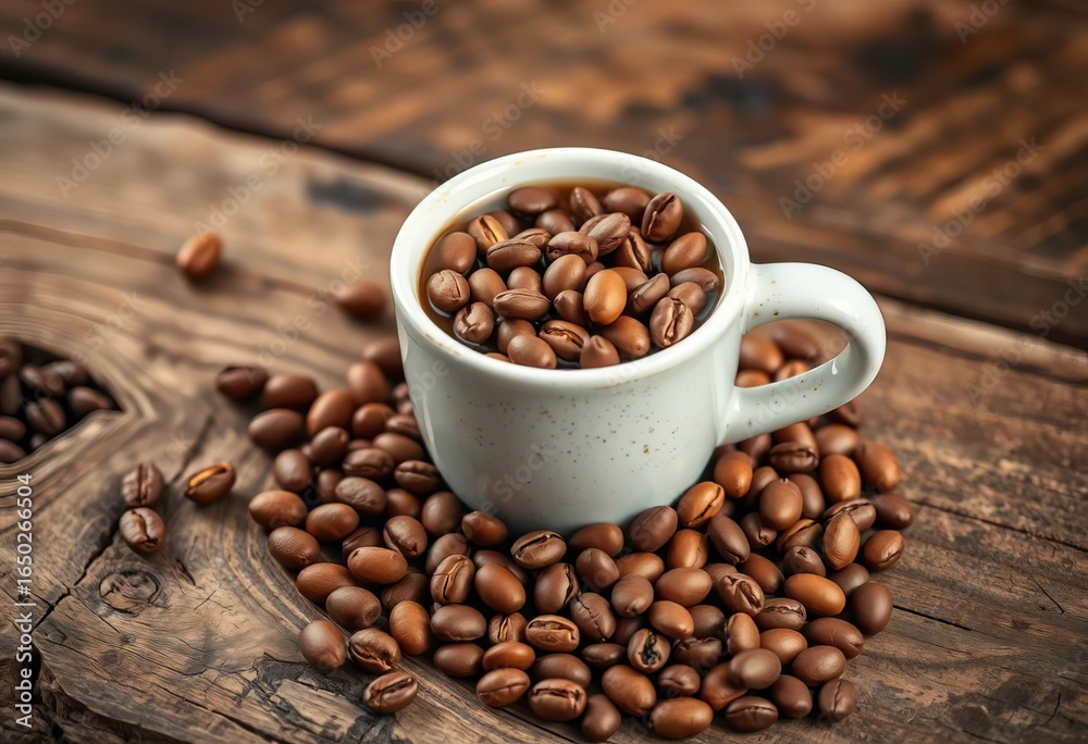 Fototapeta premium Rustic coffee cup brimming with beans, nestled on aged wood, wood, background