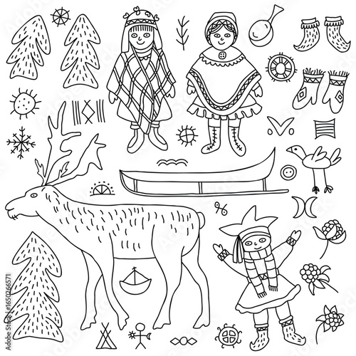 Hand Drawn Sami Indigenous Folk Illustration with Reindeer and Winter Symbols
